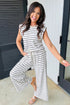 Striped Padded Shoulder Muscle Tee And Wide Leg Pants Lounge Set